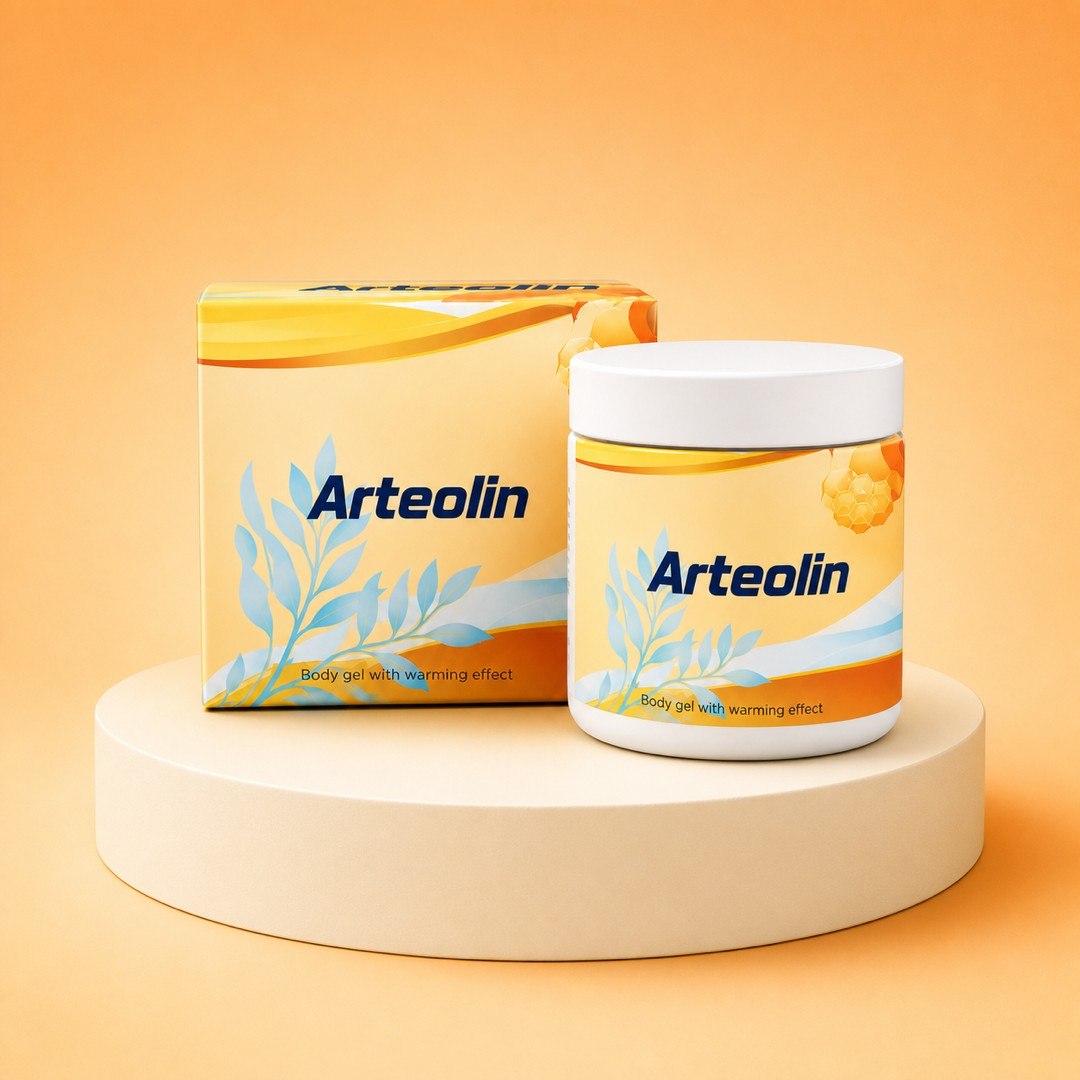Arteolin testgél doboza és tégelye narancssárga háttér előtt